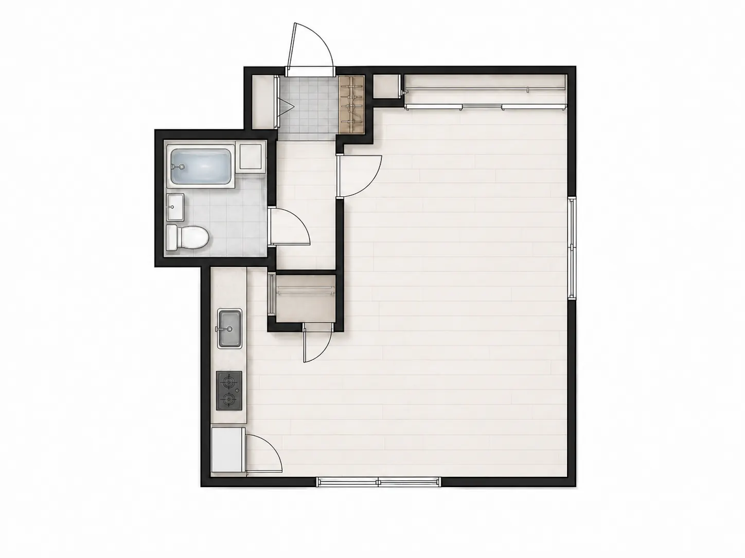 Top-down floor plan of the unfurnished sample 1K apartment