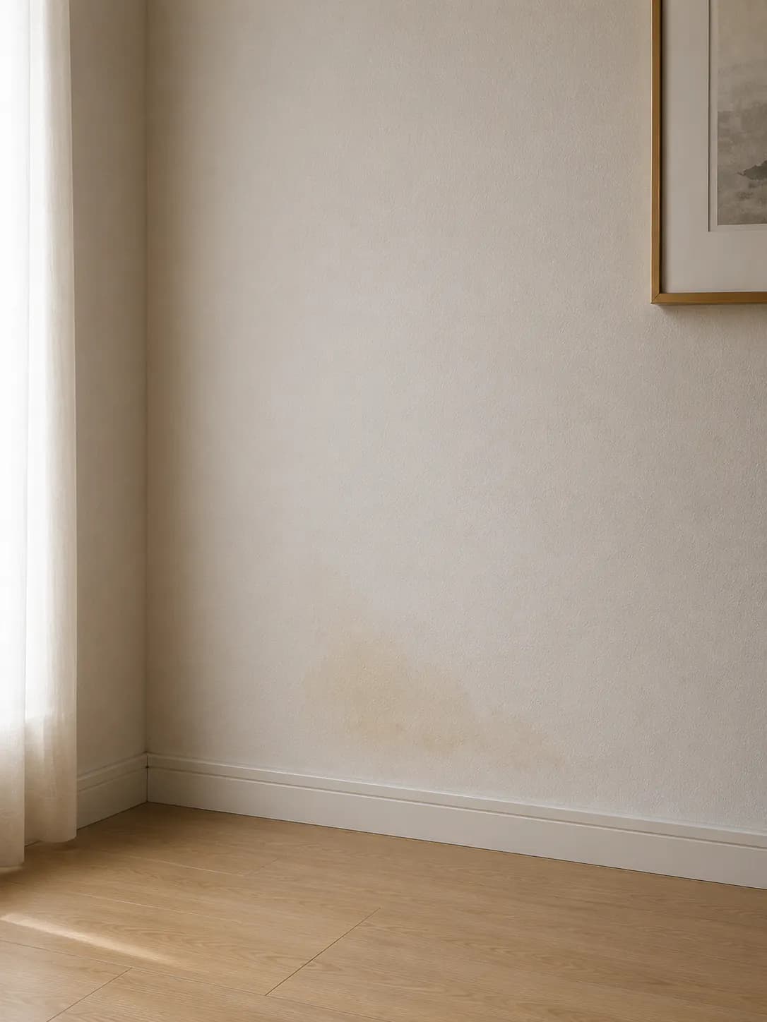 Moisture staining near the floor of a living-room wall